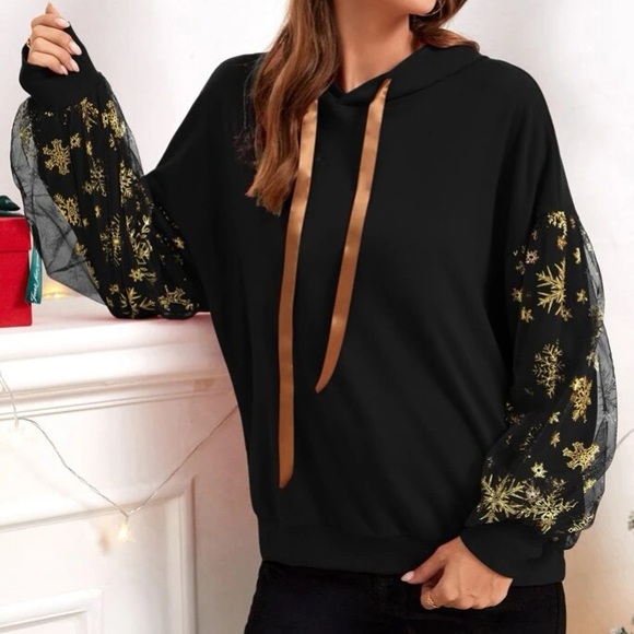 Sheer Sleeve Snowflake Pop Over Hoodie - Picture 2 of 6